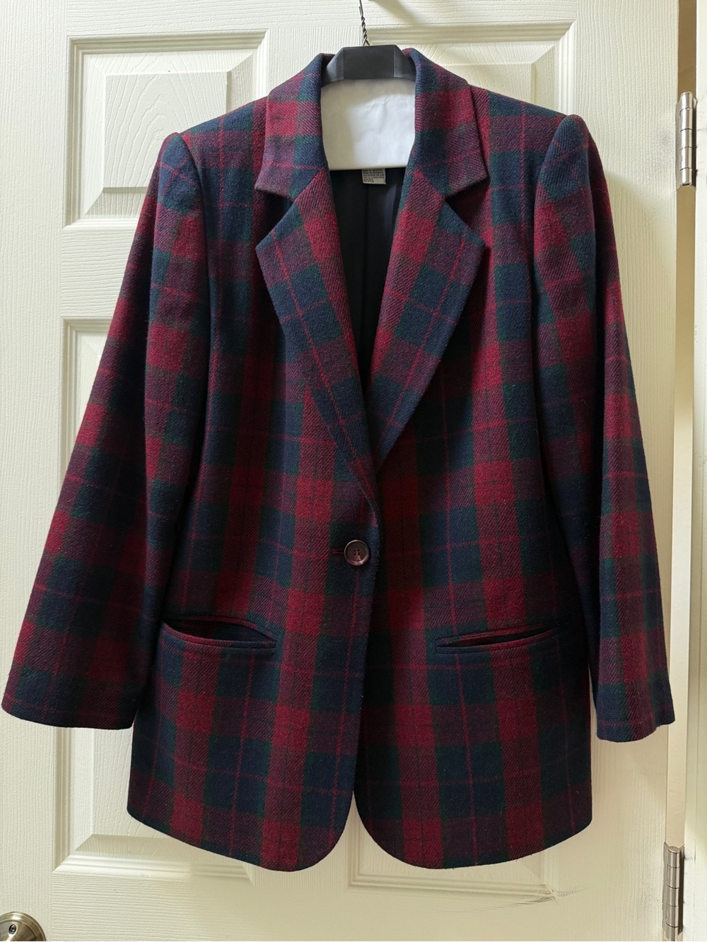 Vintage Sag Harbor Tartan Plaid Blazer Wool-Blend Sz 8 Burgundy & Green
